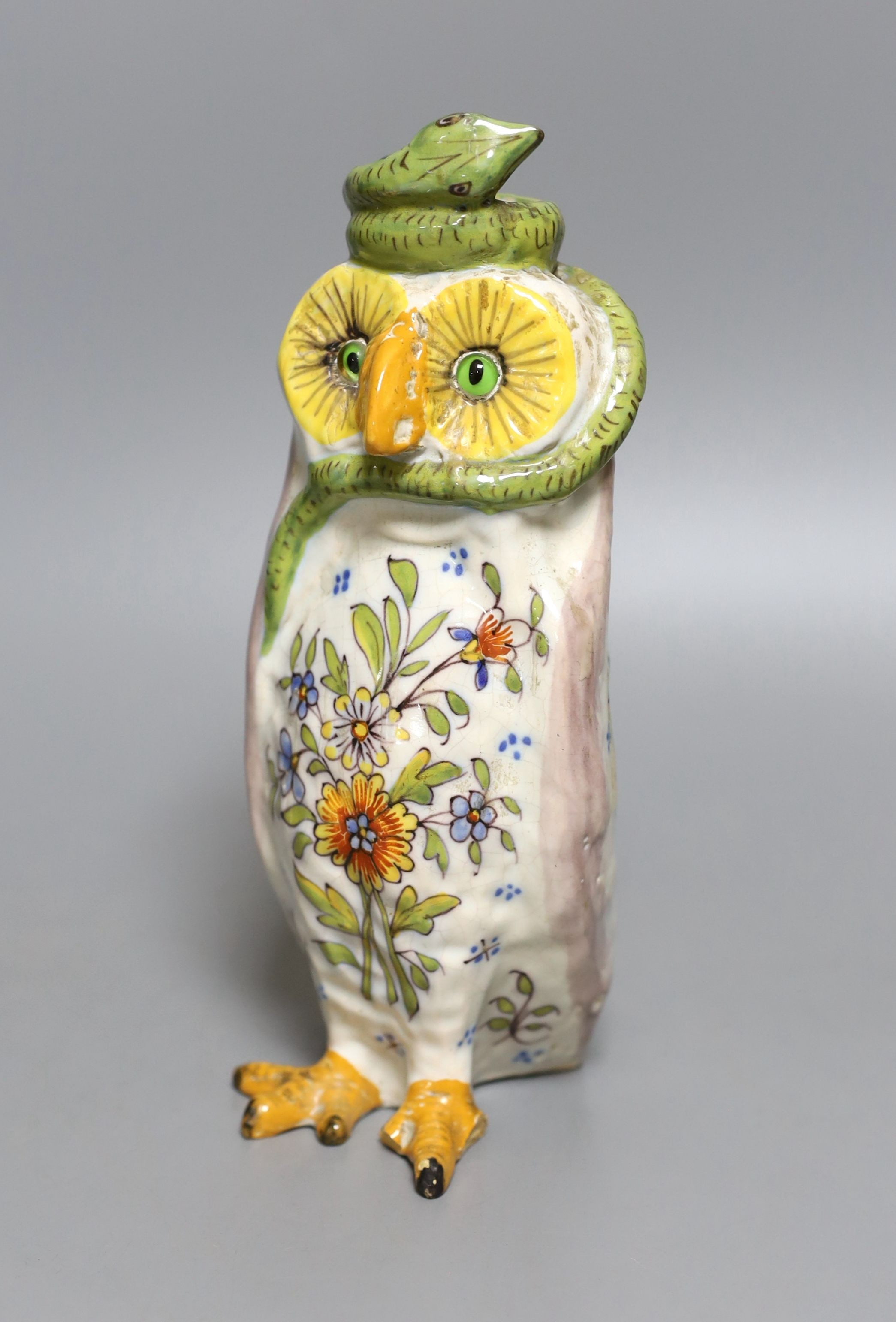 A 19th century Gallé style faience 'owl and cobra’ candlestick 21cm